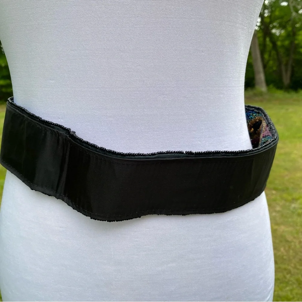 LA REGALE LTD BELT WIDE BLACK SATIN BEADED MULTI COLOR PEACOCK COLOR SIZE M